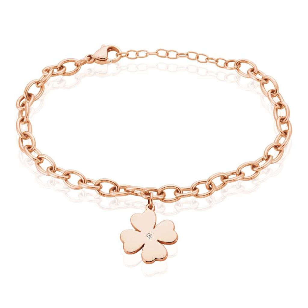 Bracciale in acciaio rosato e strass con charm Quadrifoglio