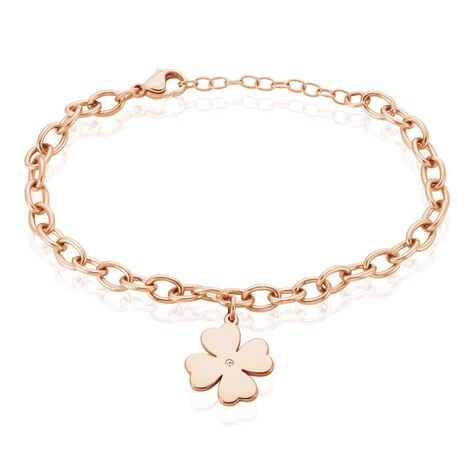 Bracciale in acciaio rosato e strass con charm Quadrifoglio - Bracciali Donna | Stroili