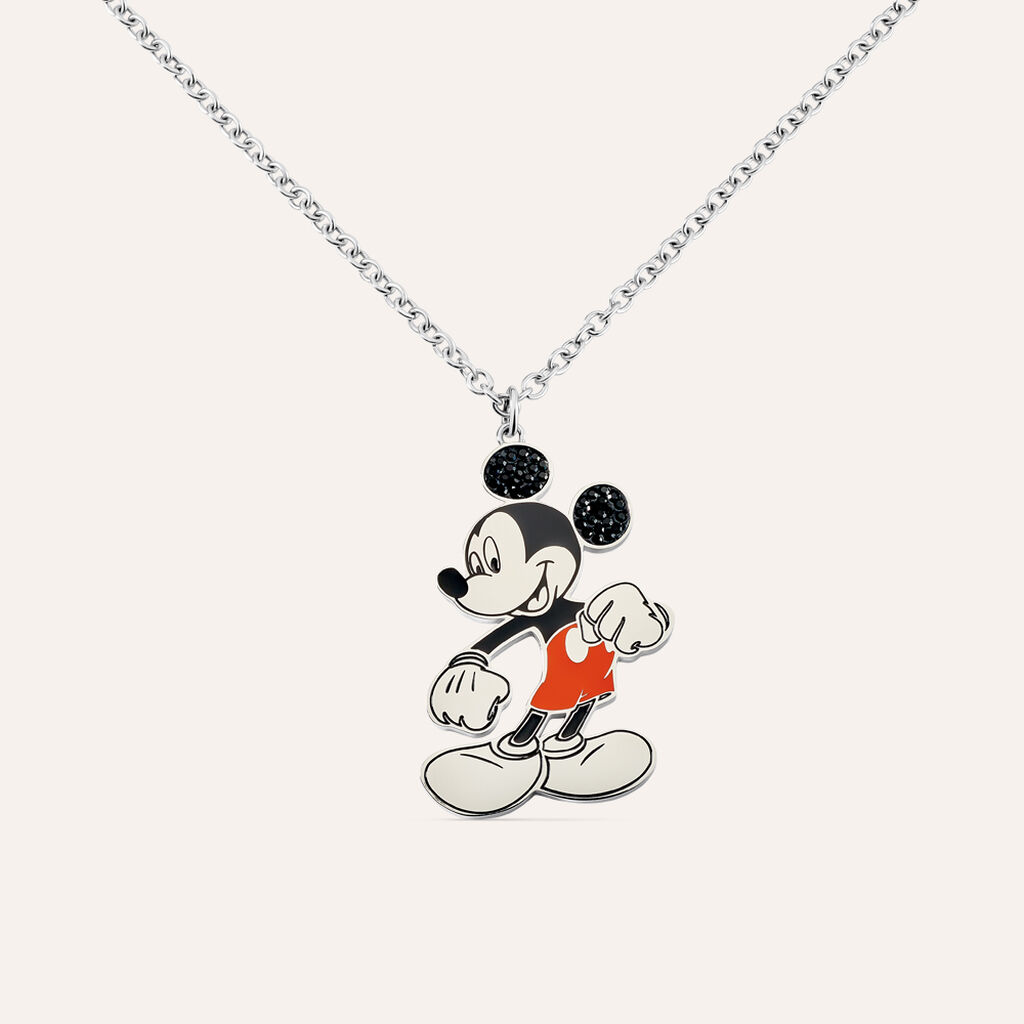 Collana lunga in acciaio con ciondolo Topolino e strass neri