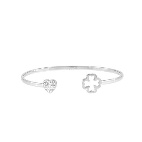 Bracciale bangle small cuore e quadrifoglio in acciaio e cristalli - Bracciali Donna | Stroili