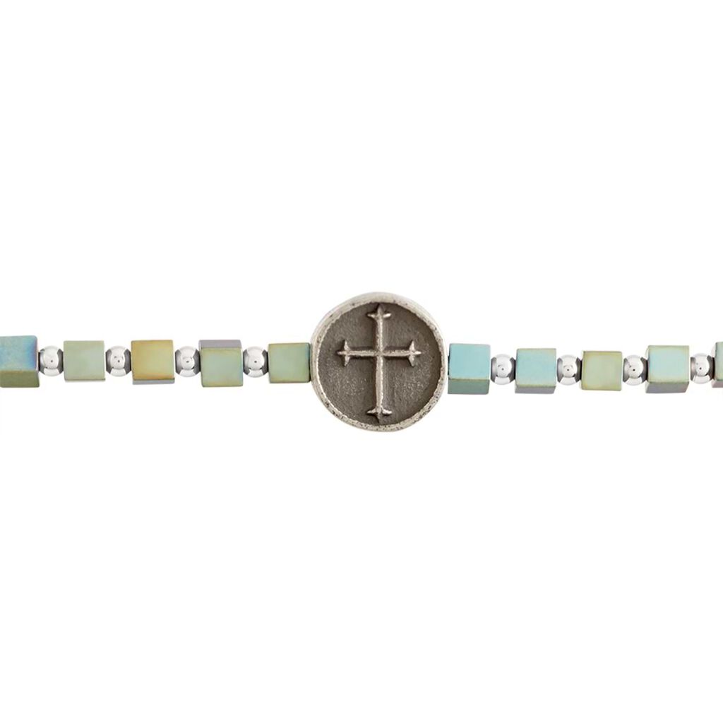 Bracciale in corda e acciaio con ciondolo a croce verde - Bracciali Uomo | Stroili