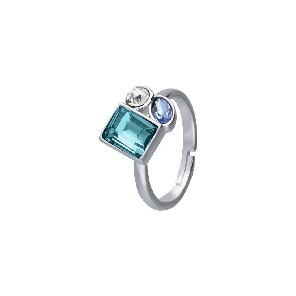 Anello con pietre sui toni dell'azzurro in metallo rodiato