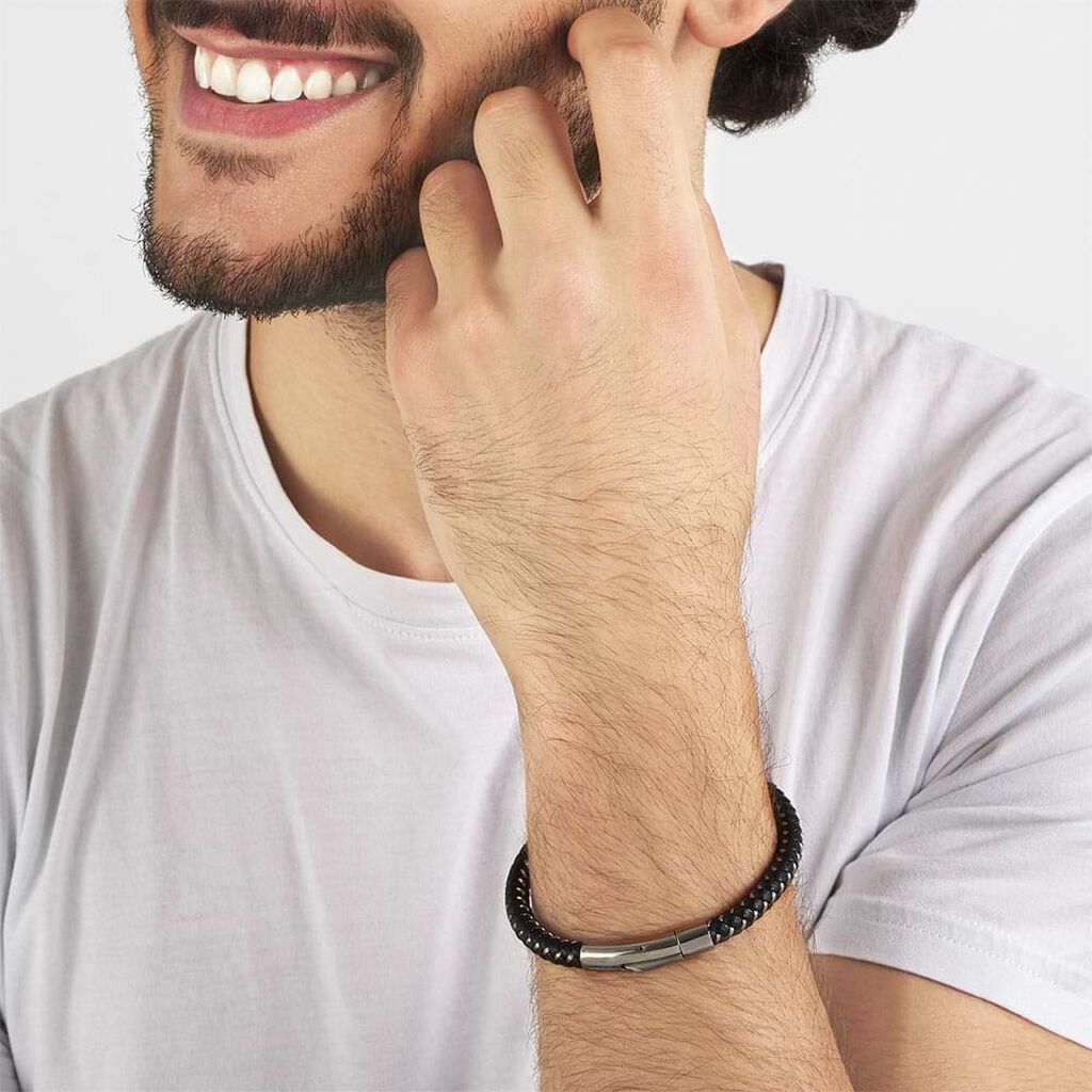 Bracciale in pelle nera e acciaio