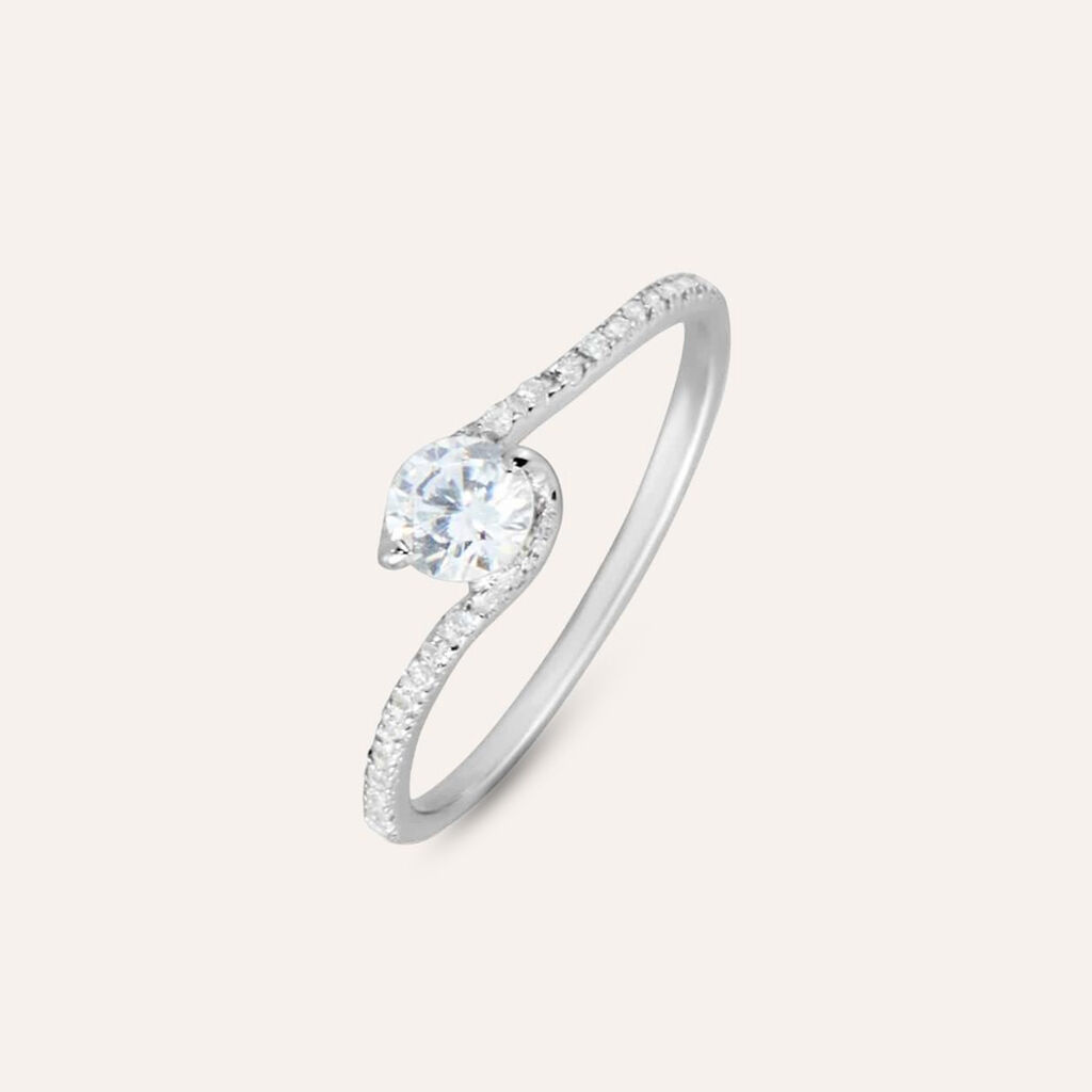 Anello Solitario In Oro Bianco Con Zircone E Contorno Pietre