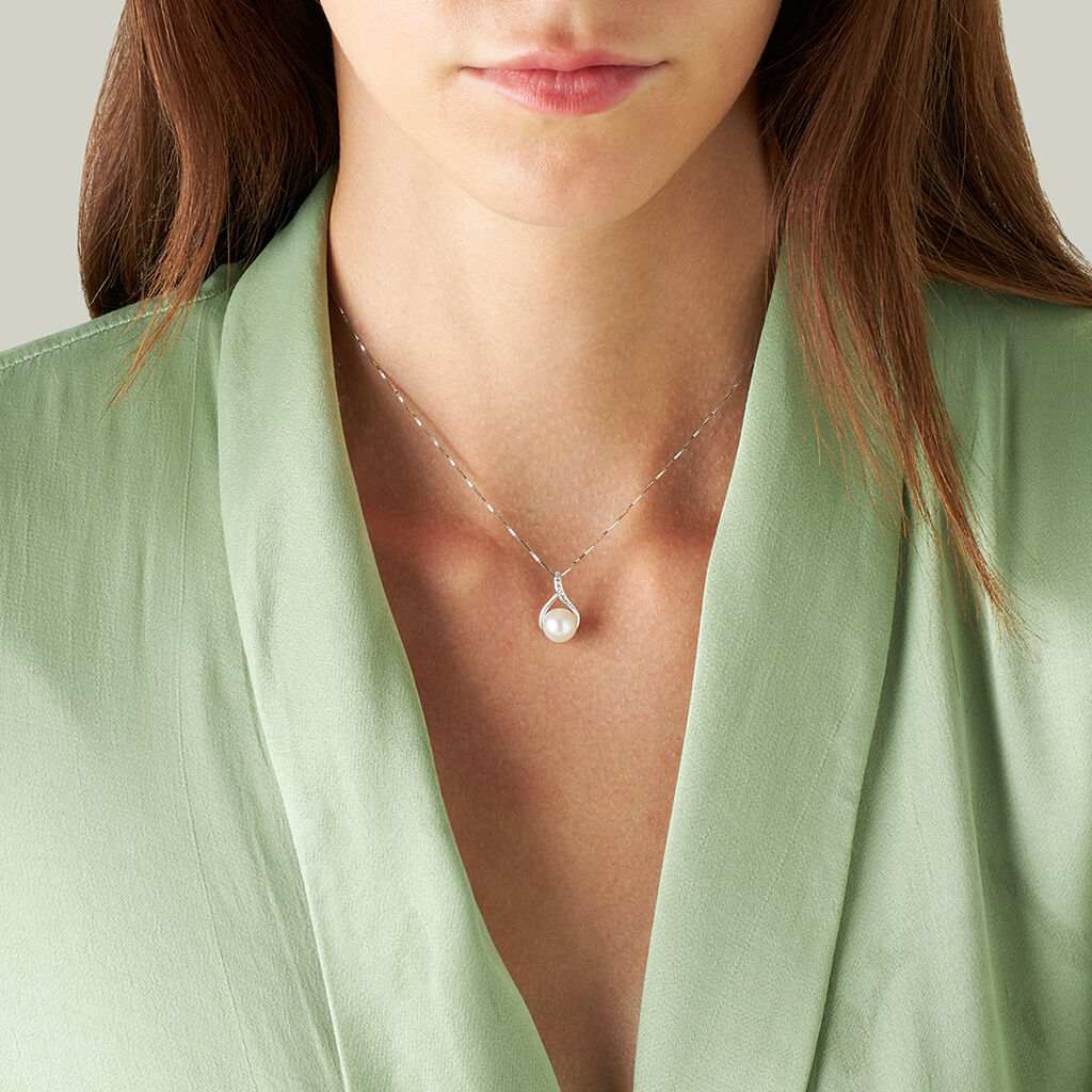 Collana Gabrielle Oro Bianco Perla D'Acqua Dolce Cubic Zirconia ...