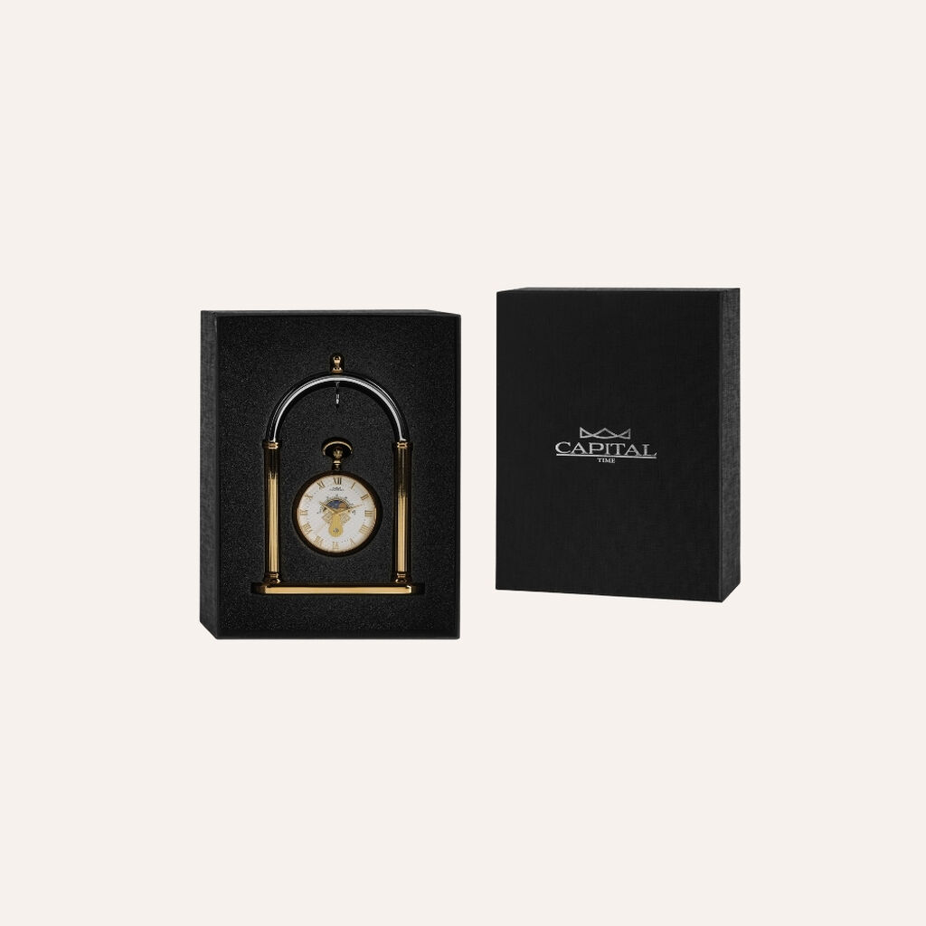 Set Orologio da Tasca Capital con Fasi Lunari in Acciaio e Stand in Metallo