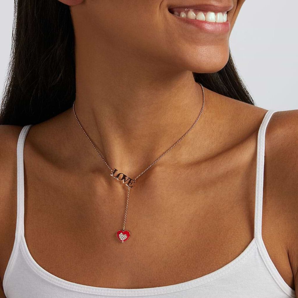 Collana in acciaio rosato con scritta Love e pendente charm cuore con strass - Collane Donna | Stroili
