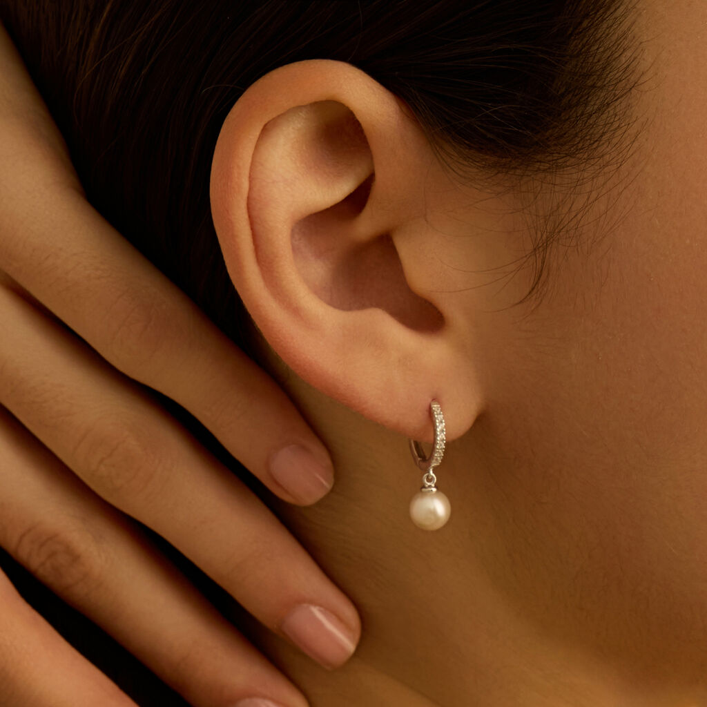 Orecchini A Cerchio Gabrielle Oro Bianco Perla D'Acqua Dolce Cubic Zirconia - Orecchini a Cerchio Donna | Stroili