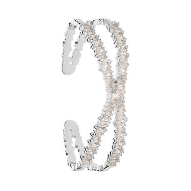 Bracciale rigido rodiato e strass con incrocio