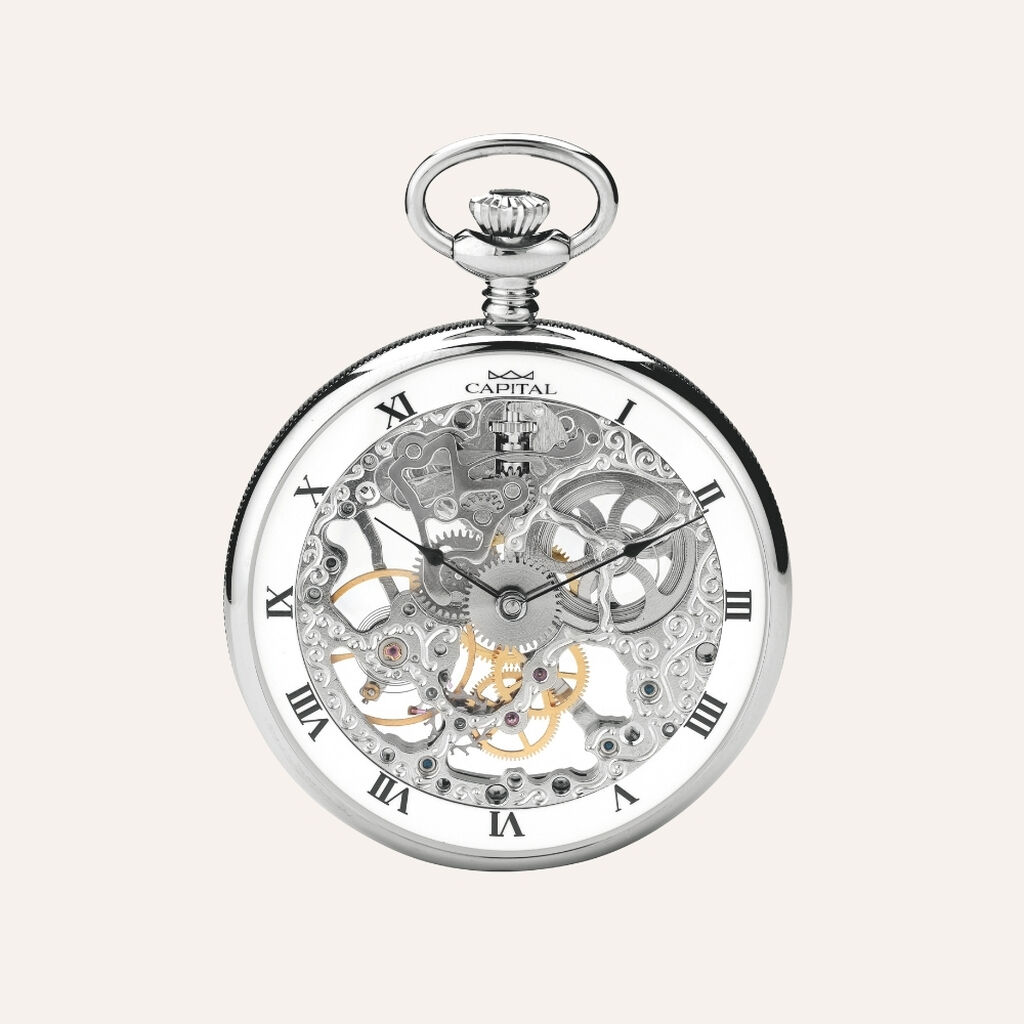 Set Orologio Meccanico da Tasca Capital in Acciaio e Stand in Metallo