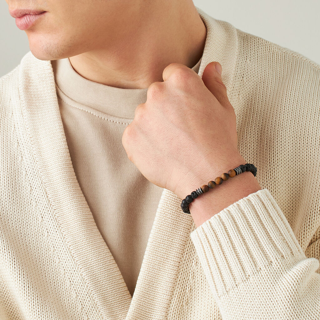 Bracciale Man Code Ottone Nero Pietra lavica Occhio di Tigre - Bracciali Uomo | Stroili