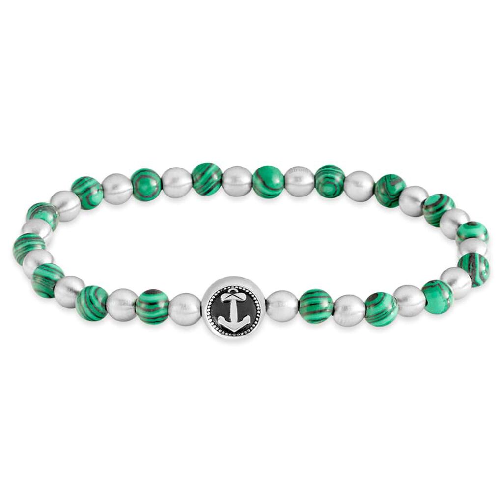 Bracciale elastico pietre verdi e grigie con dettaglio ancora acciaio