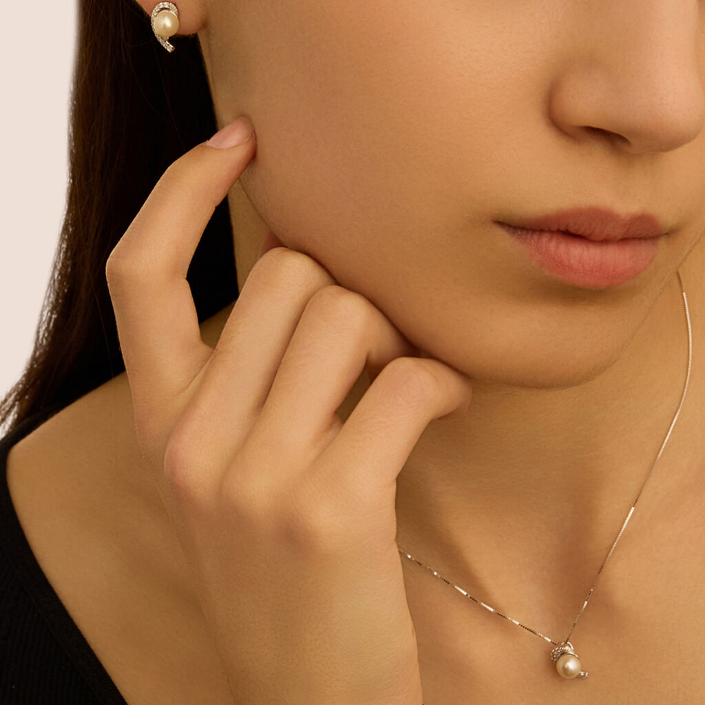 Orecchini Lobo Gabrielle Oro Bianco Perla D'Acqua Dolce Cubic Zirconia