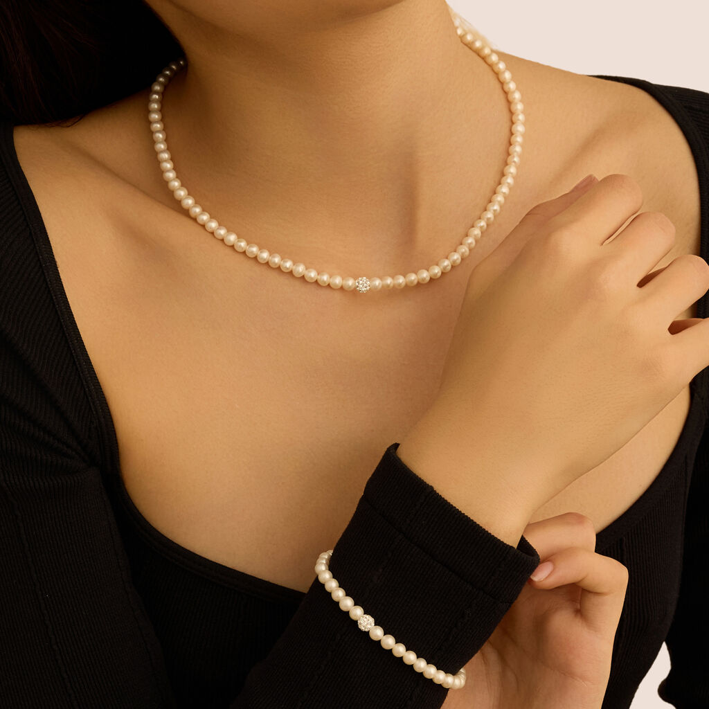 Collana Gabrielle Oro Bianco Perla D'Acqua Dolce Cristallo