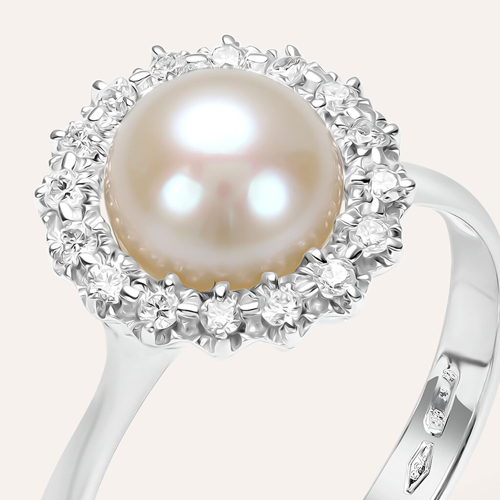 Anello Solitario Gold Pearls Oro Bianco Perla D'Acqua Dolce Diamante
