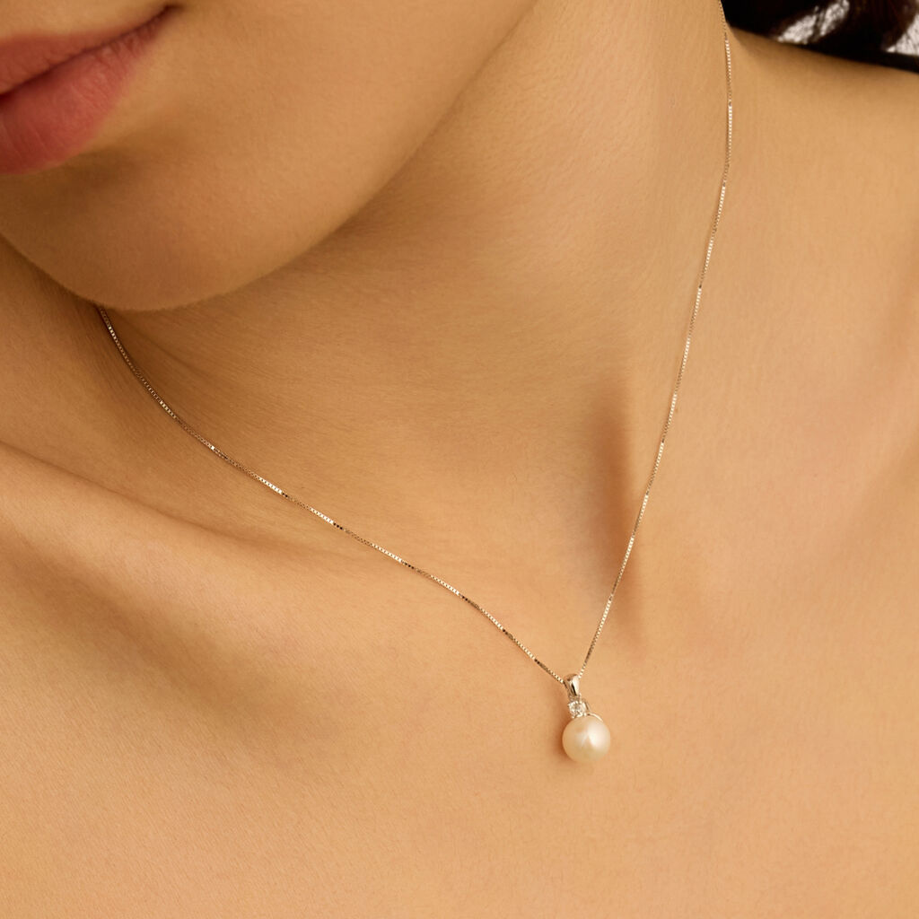 Collana Gabrielle Oro Bianco Perla D'Acqua Dolce Cubic Zirconia