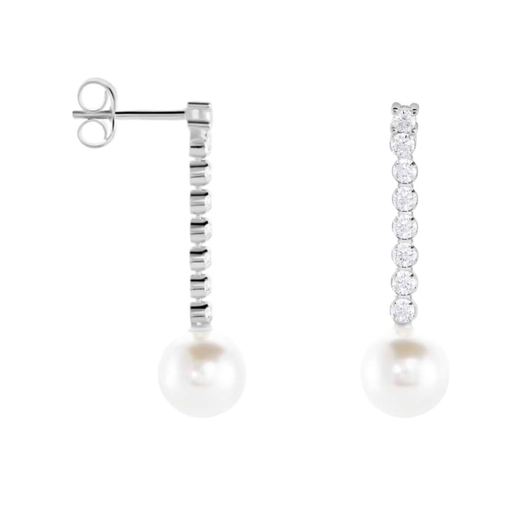 Orecchini Pendenti Tennis Silver Pearls Argento Rodiato Cubic Zirconia Perla sintentica - Orecchini Pendenti Donna | Stroili