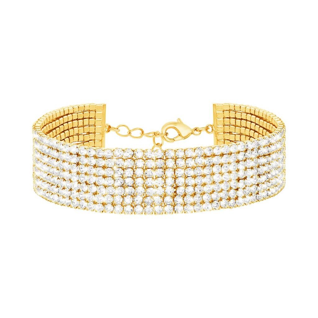Bracciale multifilo largo in metallo dorato con strass
