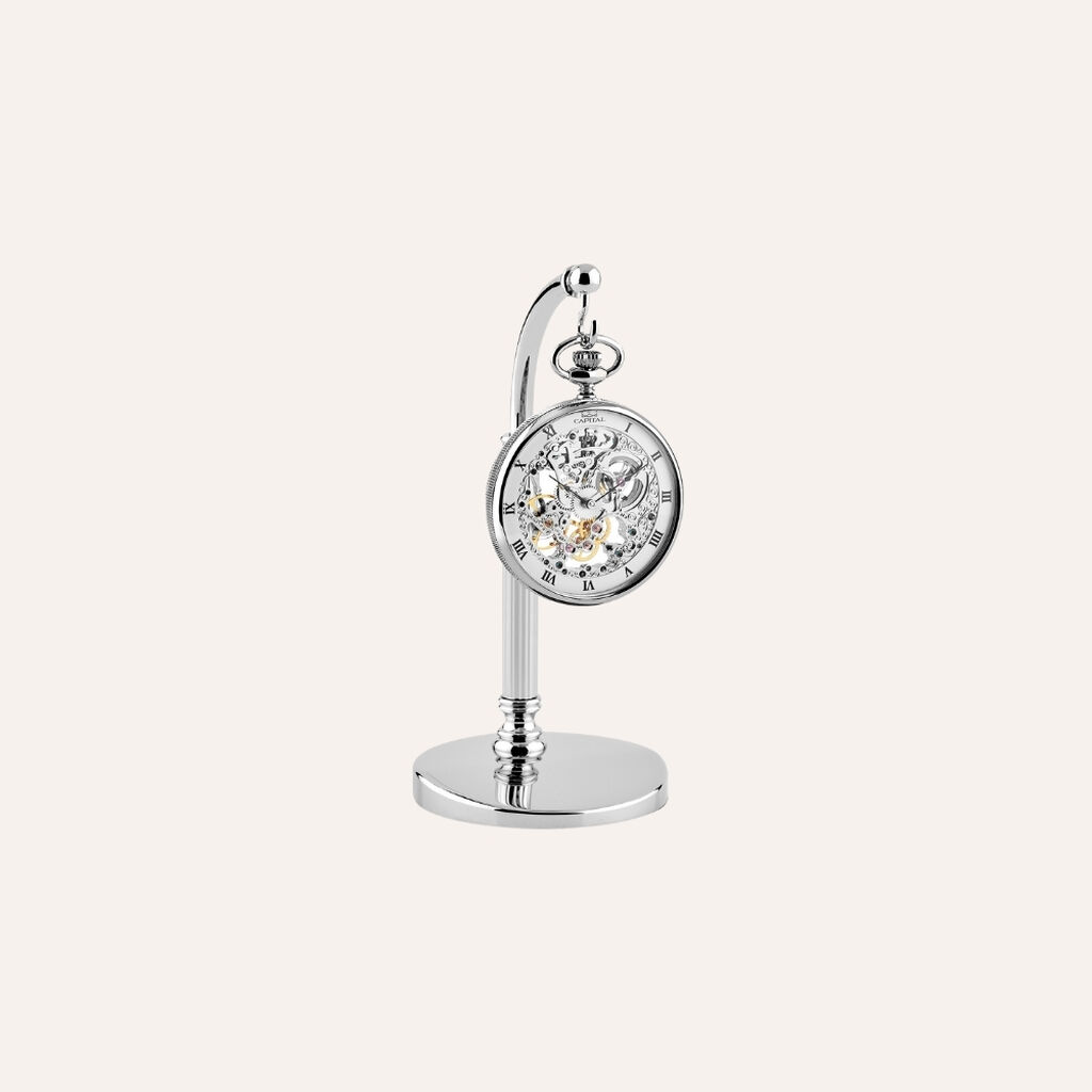 Set Orologio Meccanico da Tasca Capital in Acciaio e Stand in Metallo