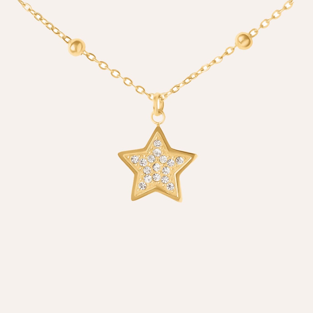 Collana Stella Acciaio Dorato Cubic Zirconia 45+5cm