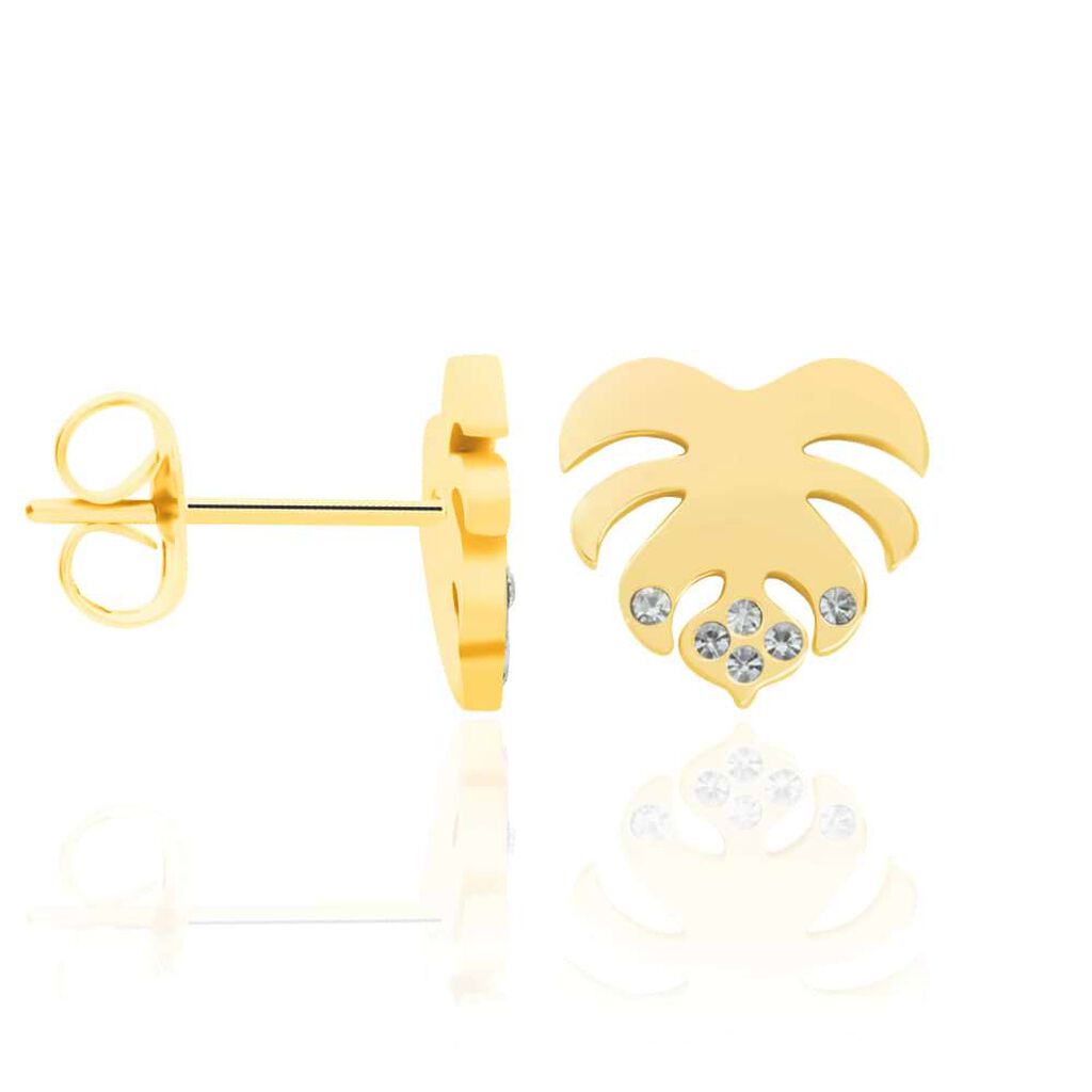 Orecchini a lobo a foglia in acciaio gold e strass