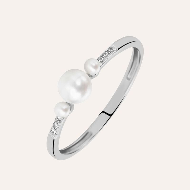 Anello Trilogy Gabrielle Oro Bianco Perla D'Acqua Dolce Cubic Zirconia - Anelli con Pietre Donna | Stroili