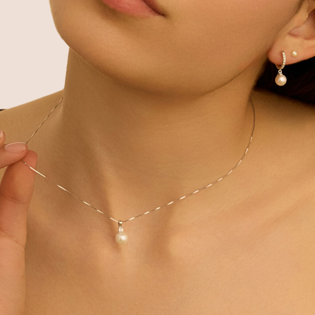 Collana Gabrielle Oro Bianco Perla D'Acqua Dolce Cubic Zirconia