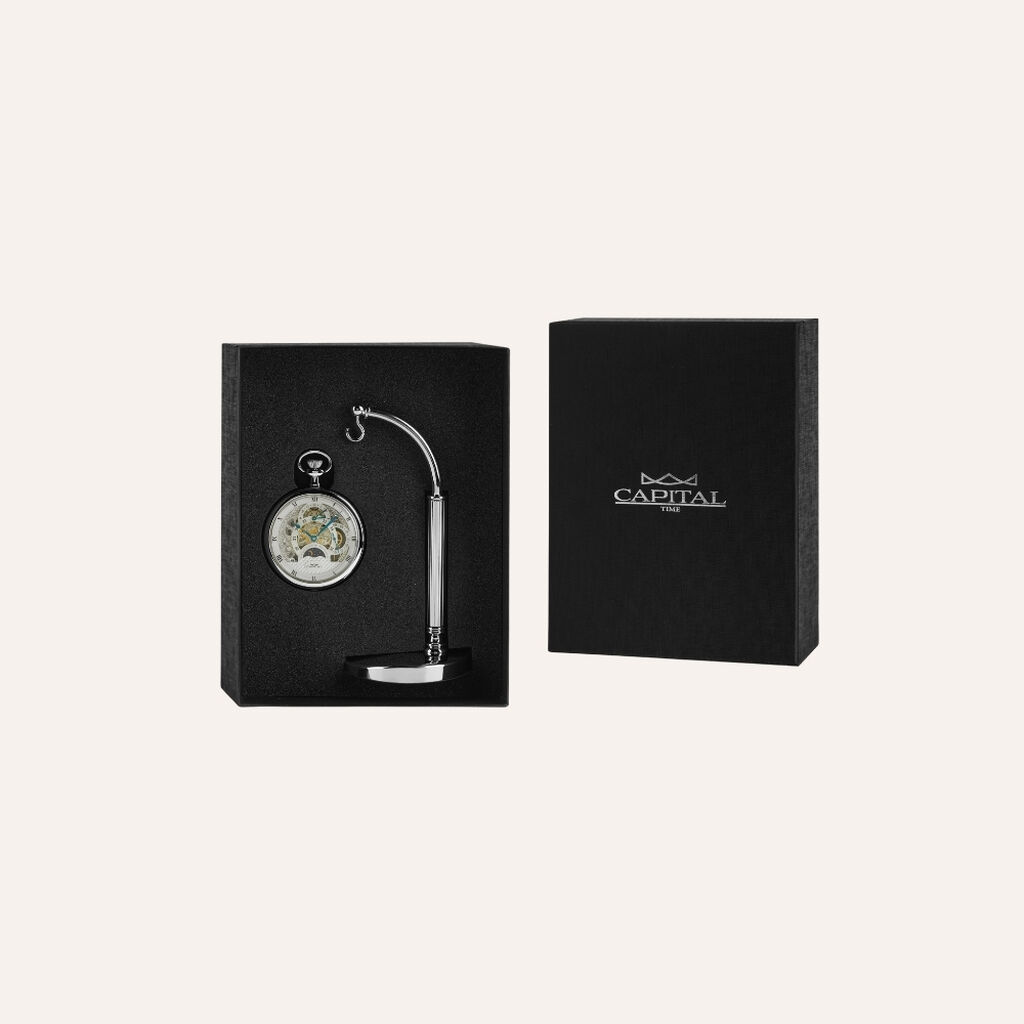 Set Orologio Meccanico da Tasca Capital in Acciaio e Stand in Metallo
