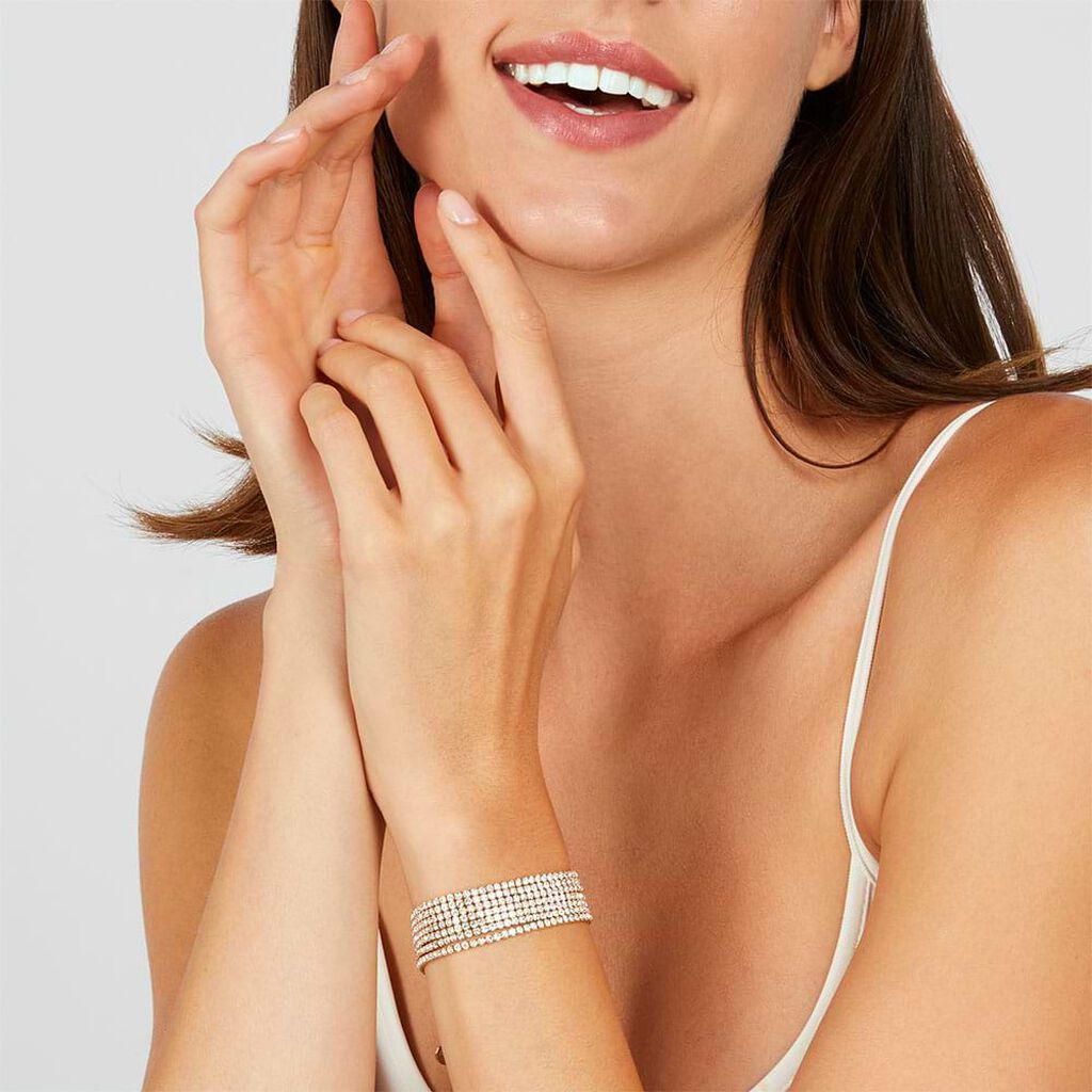 Bracciale multifilo largo in metallo dorato con strass - Bracciali Donna | Stroili