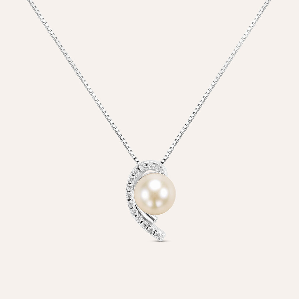 Collana Gabrielle Oro Bianco Perla D'Acqua Dolce Cubic Zirconia