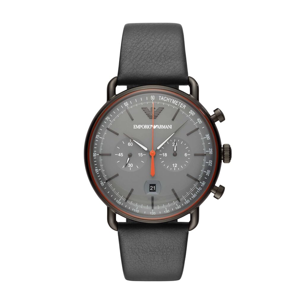 Emporio Armani orologio cronografo in acciaio grigio e cinturino in pelle grigio con quadrante grigio