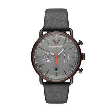 Emporio Armani orologio cronografo in acciaio grigio e cinturino in pelle grigio con quadrante grigio