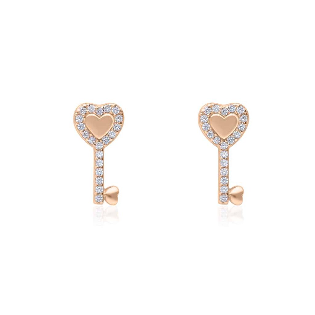 Orecchini a lobo in argento rosato forma chiave cuore con zirconi