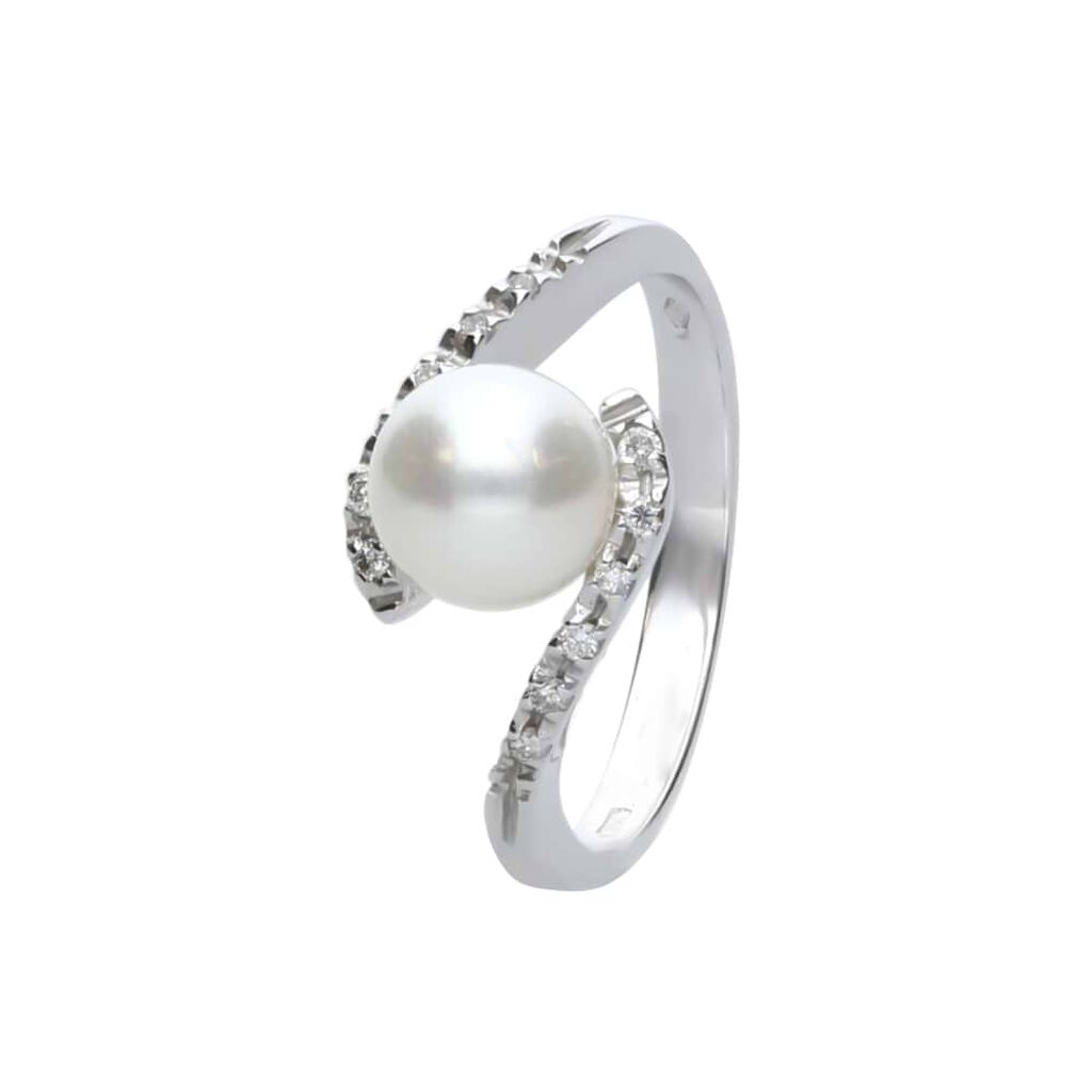 Anello Solitario Gold Pearls Oro Bianco Perla D%27Acqua Dolce Diamante