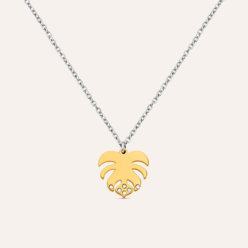 Girocollo con ciondolo foglia in acciaio bicolore e strass