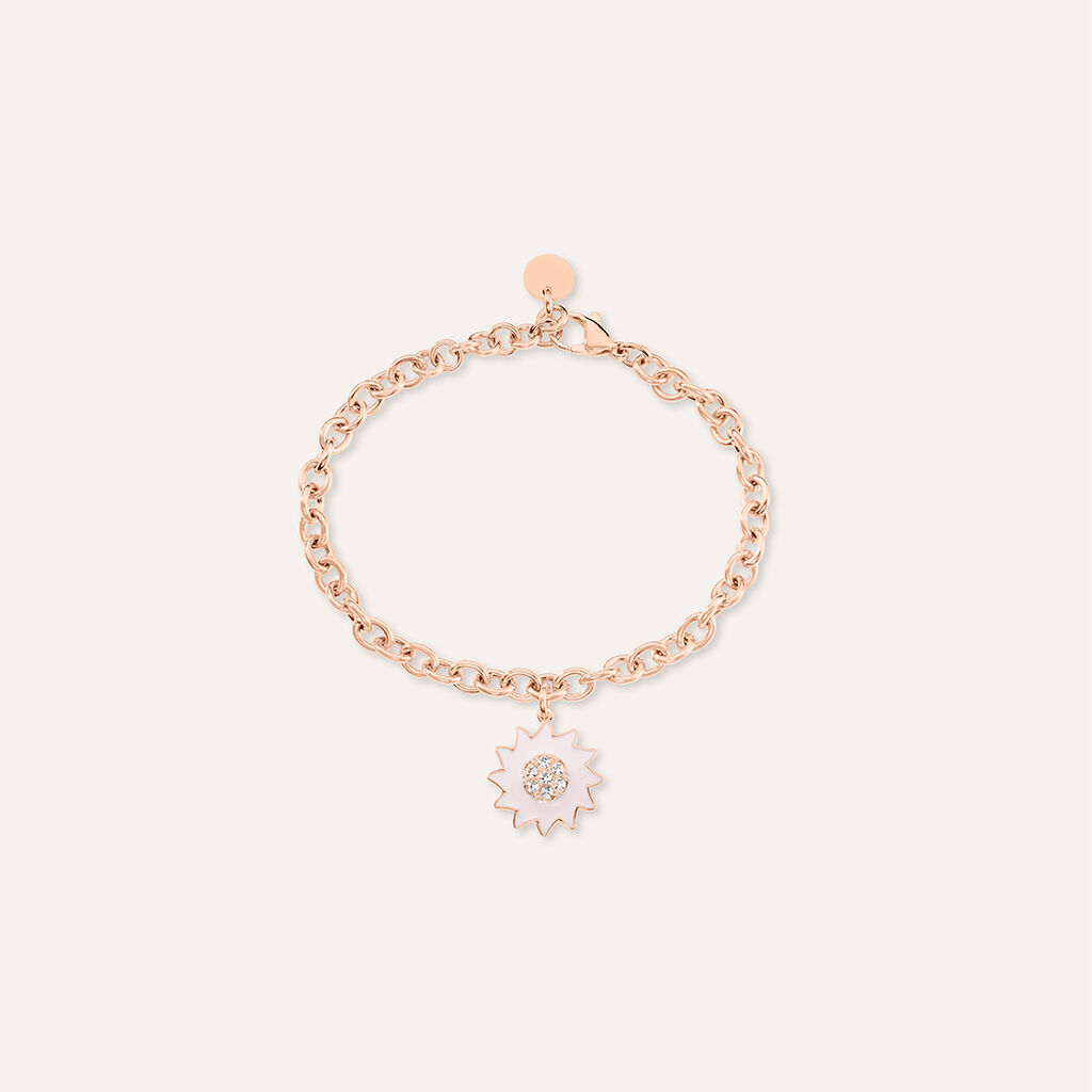 Bracciale in acciaio rosato con pendente fiore rosa e strass