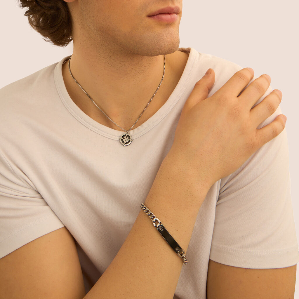 Bracciale Con Targhetta Man Code Acciaio Bicolore Bianco / Nero Cubic Zirconia