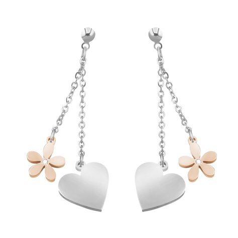 Orecchini cuore e fiore in acciaio bicolore e cristalli - Orecchini Pendenti Donna | Stroili