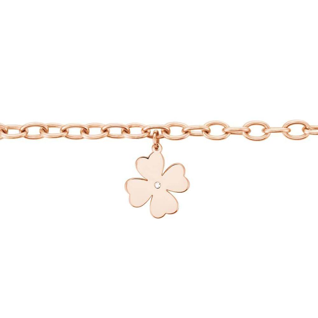 Bracciale in acciaio rosato e strass con charm Quadrifoglio