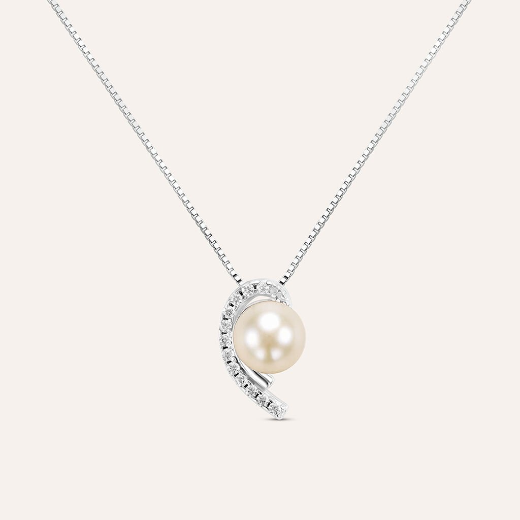 Collana Gabrielle Oro Bianco Perla D'Acqua Dolce Cubic Zirconia