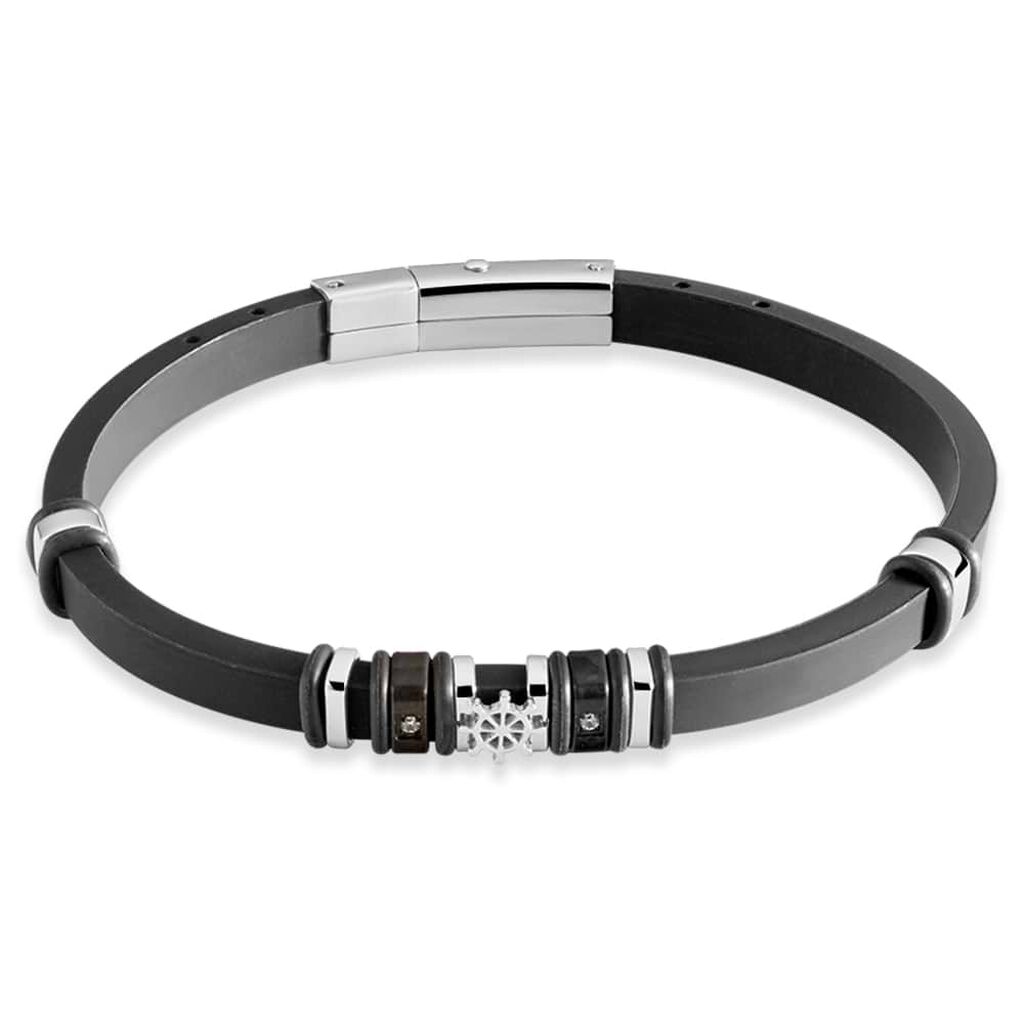 Bracciale in caucciu con dettaglio timone in acciaio bicolore - Bracciali Uomo | Stroili