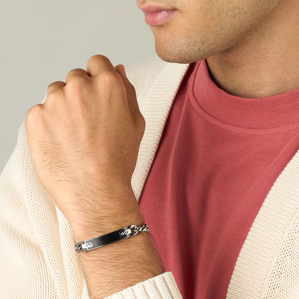 Bracciale Con Targhetta Man Code Acciaio Bicolore Bianco / Nero Cubic Zirconia - Bracciali con Incisione Uomo | Stroili