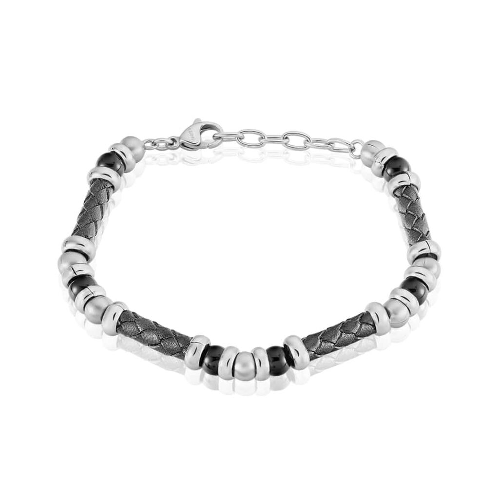 Bracciale in acciaio. pelle grigia e pietre nere - Bracciali Uomo | Stroili