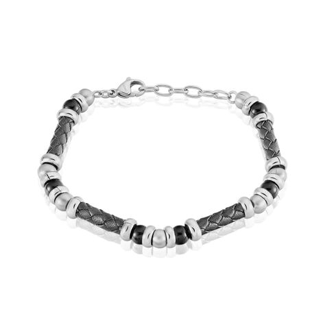 Bracciale in acciaio. pelle grigia e pietre nere - Bracciali Uomo | Stroili