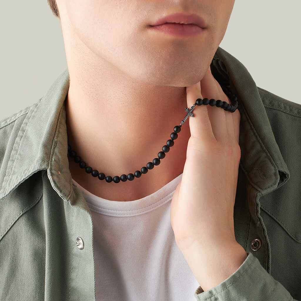 Collana Man Code Metallo Nero Cubic Zirconia Agata Nera