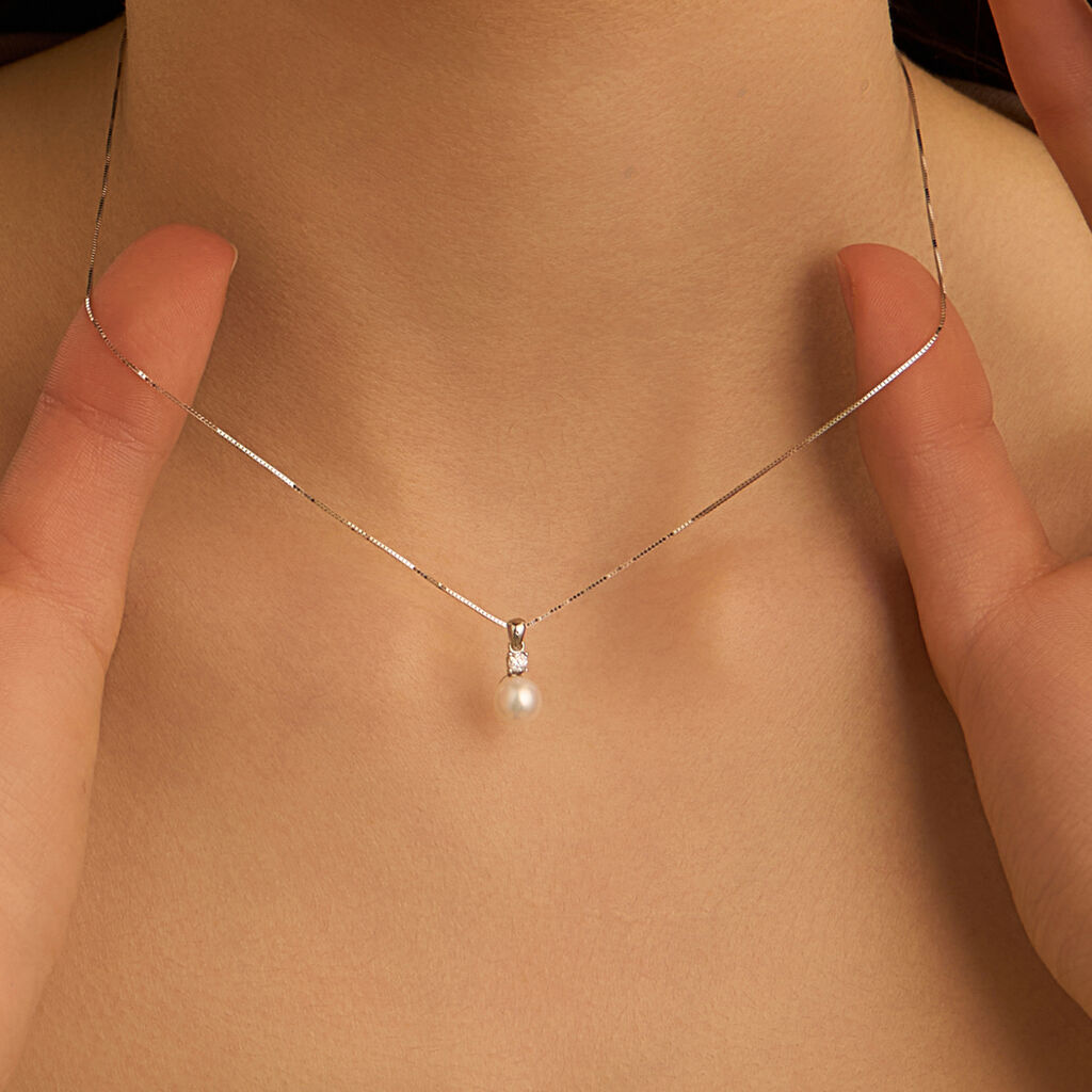 Collana Gabrielle Oro Bianco Perla D'Acqua Dolce Cubic Zirconia