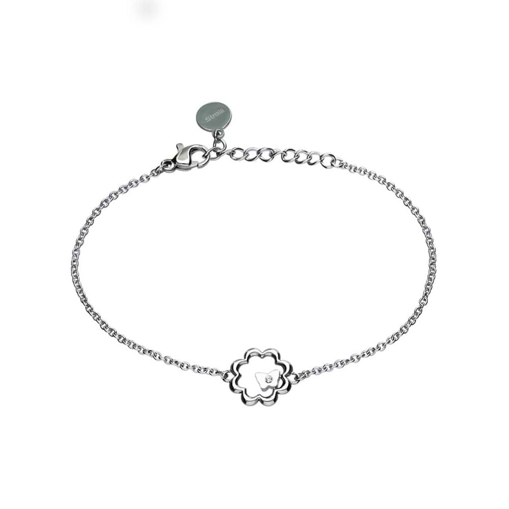 Bracciale fiore con strass in acciaio silver