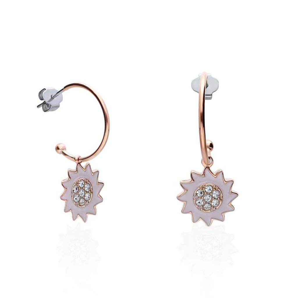 Orecchini a cerchio in acciaio rosa con fiore rosa pendente e strass - Orecchini a Cerchio Donna | Stroili
