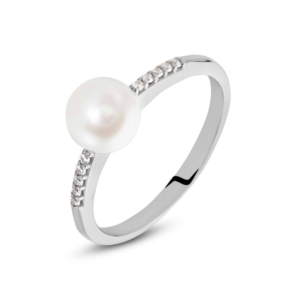 Anello Solitario Gabrielle Oro Bianco Perla D'Acqua Dolce Cubic Zirconia