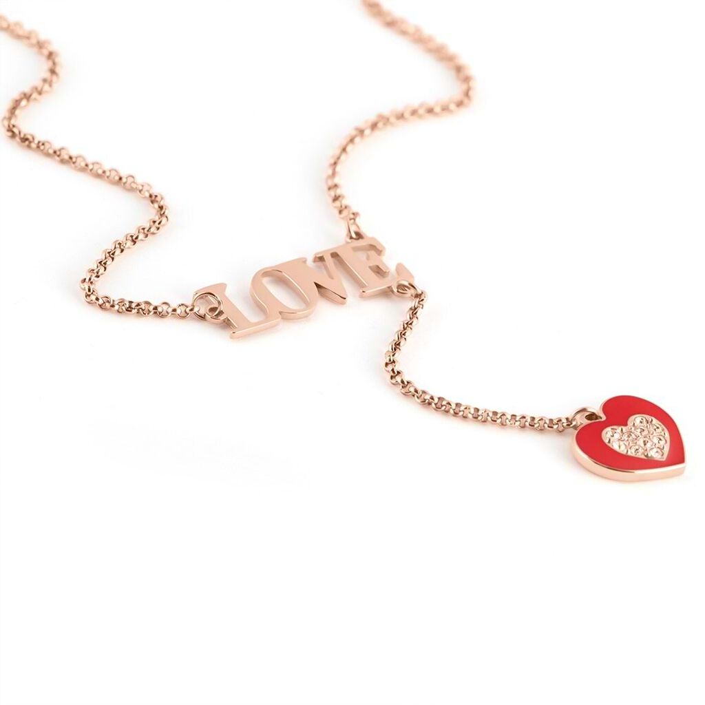 Collana in acciaio rosato con scritta Love e pendente charm cuore con strass - Collane Donna | Stroili